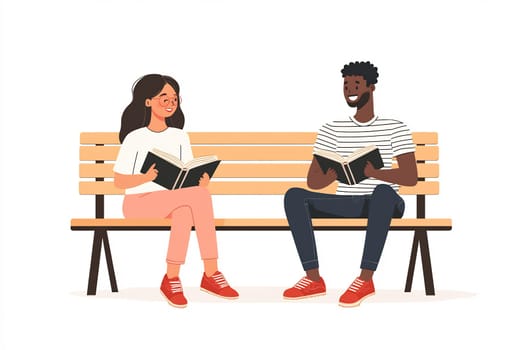 Two friends sit on a park bench, happily reading books together on a sunny day, sharing smiles and a pleasant atmosphere.
