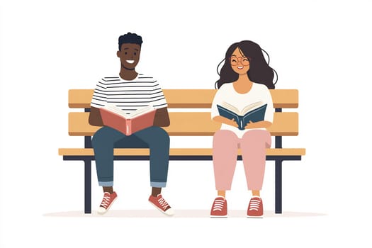 Two friends read books on a bench in a relaxed outdoor setting, sharing a joyful moment together in their leisure time.