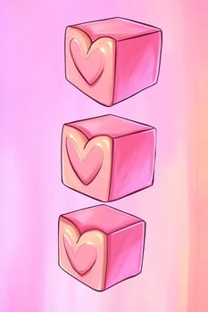 Three pink candy blocks with heart designs stack vertically against a soft pink background, creating a cheerful and sweet atmosphere.