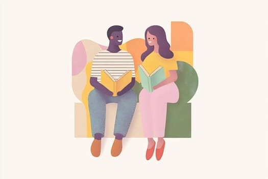 Two people read books side by side on a colorful couch in a cozy indoor setting, sharing a joyful moment.