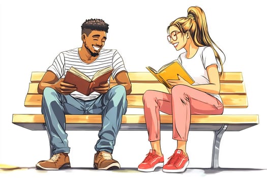 Two friends sit on a bench, smiling as they read different books, enjoying their time in a sunny park setting.