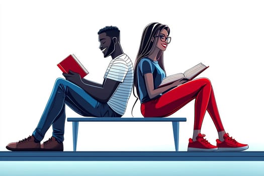 Two friends sit back to back on a bench, each absorbed in their own book, enjoying a moment of quiet reading.