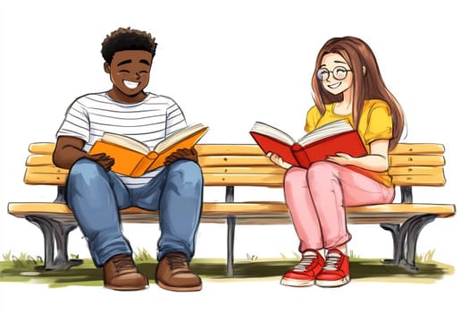 Friends sit on a bench in a park, absorbed in their books. It’s a sunny day, and they share smiles and relaxed moments together.