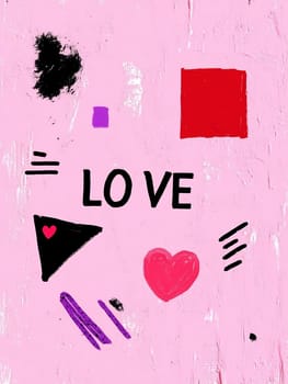 Vibrant artwork featuring the word love alongside colorful shapes on a pink background, creating a playful and modern aesthetic.