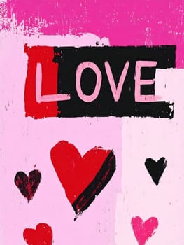 Bright artwork featuring the word love with red hearts on a pink background evokes feelings of affection and joy.