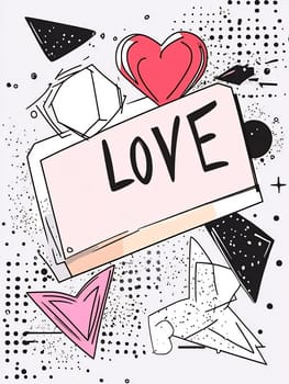 Colorful design showcasing various love-themed shapes, including hearts and geometric figures against a playful background.