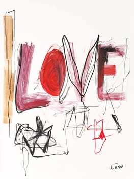 Bold colors and abstract shapes convey the theme of love, with red and black strokes forming a captivating design on canvas.