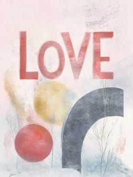 Abstract artwork depicting the word love surrounded by colorful shapes and soft textures, creating a warm and inviting atmosphere.