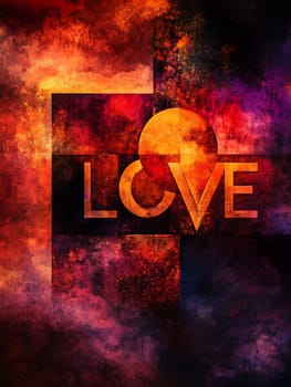 This artwork features the word love contrasted against a backdrop of vibrant colors blending orange, red, and purple.