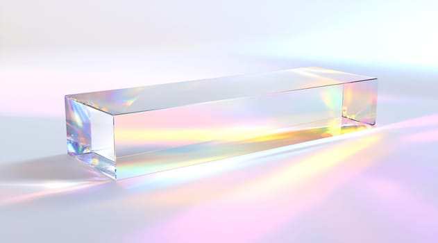 A transparent prism sits on a surface, bending and reflecting light into a spectrum of colors, creating a vivid display.