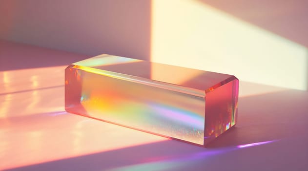A transparent glass block refracts light, creating a vibrant display of colors on a white surface during daytime.