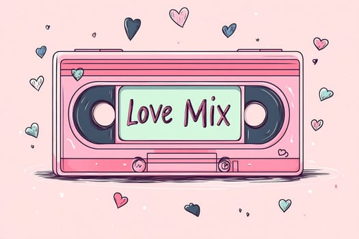 A colorful illustration of a pink cassette tape labeled Love Mix, surrounded by whimsical hearts in various colors.