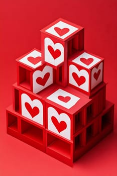 Stacked red cubes with heart designs arranged artistically against a solid red background, creating a festive and playful atmosphere.