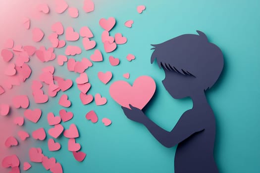 A boy silhouette holds a pink heart while pink hearts scatter around him against a teal background, symbolizing affection and love.
