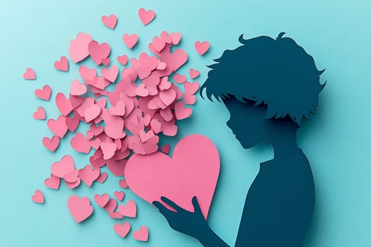 A child silhouette holds a large pink heart while colorful heart shapes cascade around, creating a whimsical scene celebrating love.