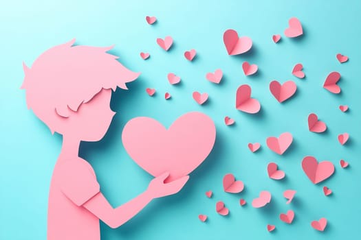 A young child stands against a blue background, holding a large pink heart, surrounded by smaller pink hearts floating around.