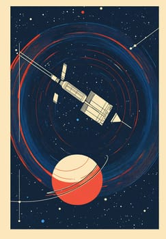 A spacecraft orbits a vibrant planet with rings in the vastness of space, surrounded by stars and cosmic swirls, creating a vivid scene.