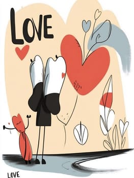 Two playful characters share a moment of affection amid colorful hearts and plants on a sunny day.