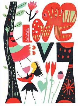 Vibrant artwork features joyful figures amidst trees and flowers, expressing love and happiness through bold colors and shapes.