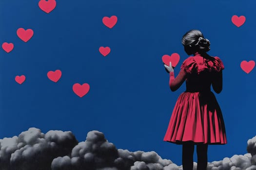 A girl in a red dress stands against a blue background, reaching for floating red hearts amidst fluffy clouds.
