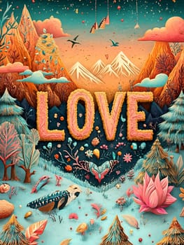 Vibrant landscape features the word love amid mountains, trees, and flowers, creating a whimsical, serene atmosphere in nature.