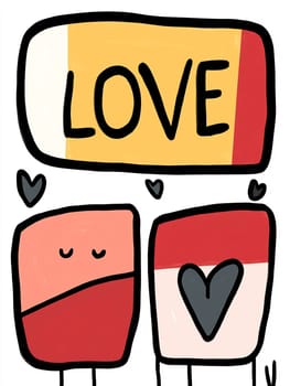 Colorful graphic featuring the word love and two abstract characters sharing heart symbols, expressing affection and positivity.