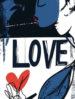 Abstract artwork features bold colors and shapes, showcasing a figure expressing love with a prominent heart symbol.