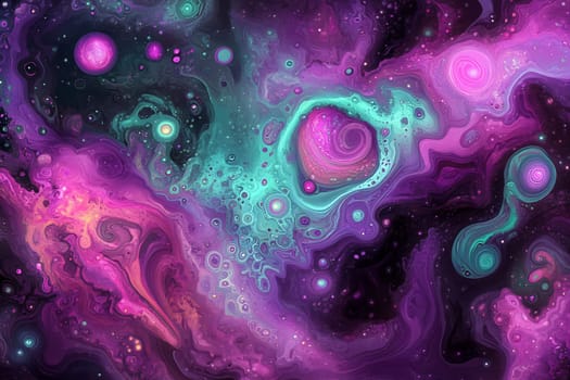 Colorful swirls of purple and turquoise create a mesmerizing cosmic scene, evoking the beauty of outer space and starry galaxies.