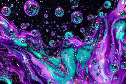 Fluid patterns showcase swirling shades of purple and teal with shimmering bubbles against a dark backdrop, creating a mesmerizing effect.