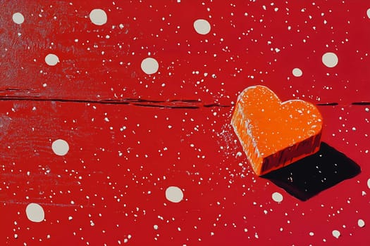 A heart-shaped sculpture in bright orange sits on a vivid red surface adorned with white polka dots and soft shadows.