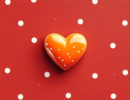 A vibrant orange heart-shaped candy rests on a red dotted background, showcasing a playful contrast and appealing design.