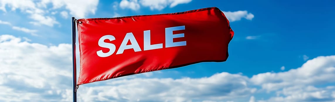 A vibrant red flag boldly displays a sale announcement against a blue sky with fluffy white clouds, attracting attention to a discount event.