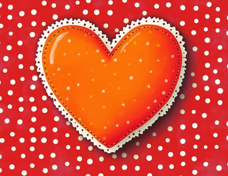 A vibrant orange heart sits at the center of a red background adorned with white polka dots, creating a cheerful and playful display.