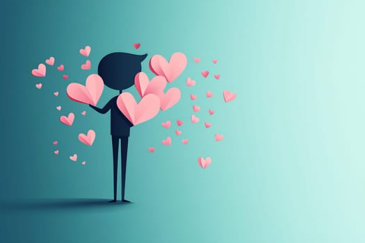 A silhouette holds several pink hearts against a soft blue background, symbolizing affection and happiness in a creative design.