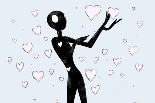A black figure with a white circular head offers hearts in a light blue background, symbolizing emotions and affection.