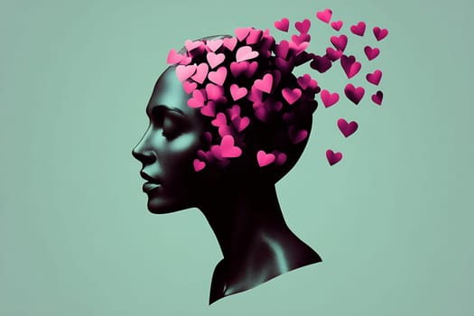 A black silhouette of a woman’s profile shows hearts floating from her head, symbolizing love and emotions against a pastel background.