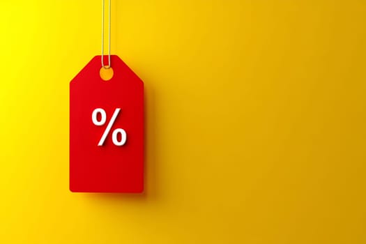 A red discount tag with a percentage symbol hangs against a vibrant yellow backdrop, emphasizing sales and savings opportunities.
