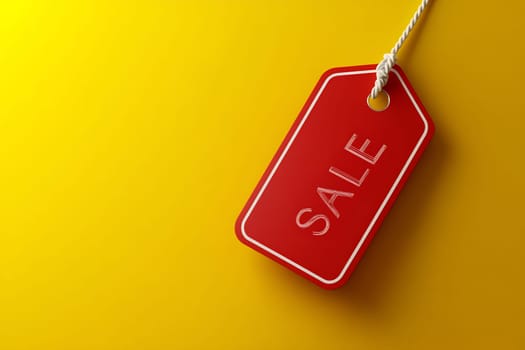 A vibrant red sale tag hangs against a bright yellow background, highlighting promotional offers and discounts available for shoppers.