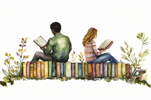 Two individuals sit back to back, immersed in their books atop a colorful stack of literature surrounded by plants.