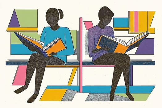 Two individuals sit on a bench in a library, deeply focused on reading large books surrounded by colorful geometric shapes.