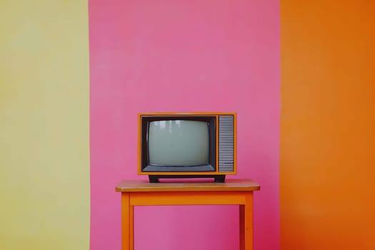 A vintage television set stands on an orange table, surrounded by vibrant pink and yellow walls that create a playful atmosphere.