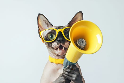 A playful cat wearing yellow glasses holds a megaphone, looking cheerful and ready to make announcements.