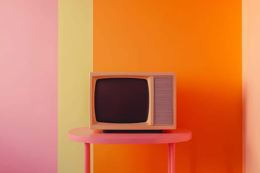 A vintage television set sits on a pink table against a bright orange and yellow wall, creating a cheerful atmosphere.