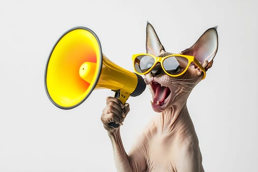 A hairless cat wearing yellow sunglasses holds a yellow megaphone, appearing to shout while striking a playful pose.