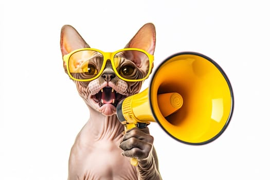 A playful cat with yellow glasses holds a yellow megaphone, appearing as if it's ready to make an announcement or have fun.