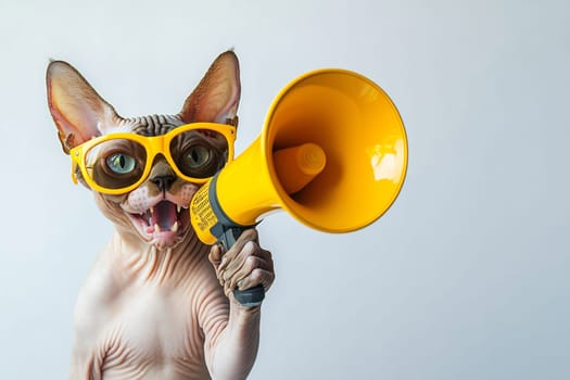 A playful cat with large glasses is enthusiastically holding a yellow megaphone, showcasing a fun and quirky personality.