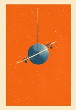 This artwork features a stylized planet with rings against an orange background, evoking a sense of cosmic wonder and exploration.