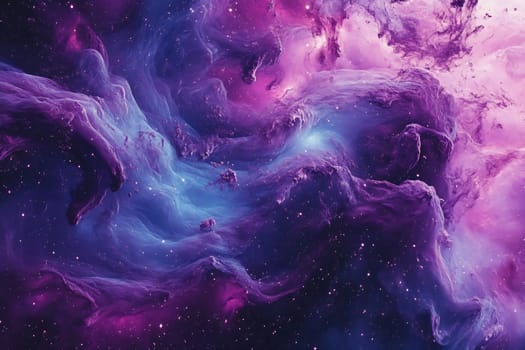 A swirling nebula filled with vivid shades of purple and blue showcases the beauty of the universe. Stars twinkle amidst the colorful gas clouds.