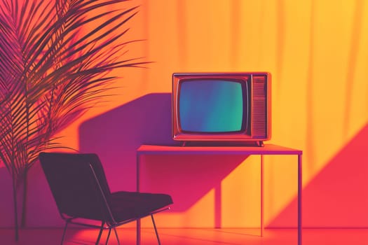 A retro television set sits on a table beside a black chair, surrounded by vibrant, warm colors and shadows from a nearby plant.