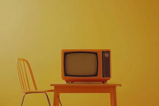 A retro television rests on a yellow table beside a bright chair in a lively, sunlit room.